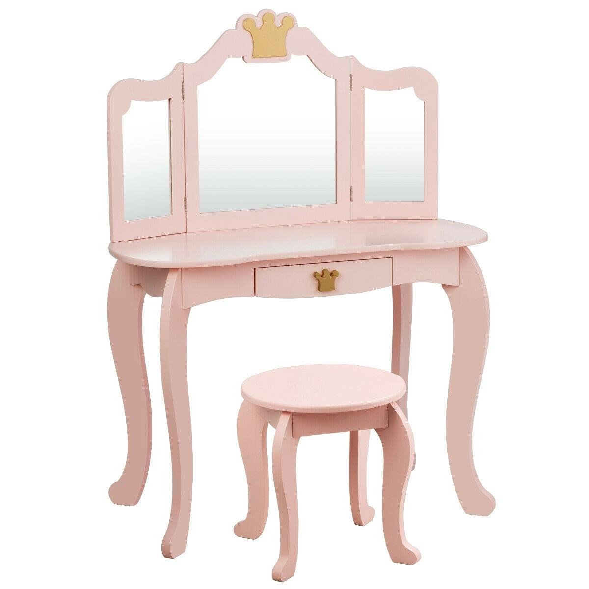 Kids Makeup Dressing Table with Tri-folding Mirror and Stool, Pink Kids Vanities   at Gallery Canada