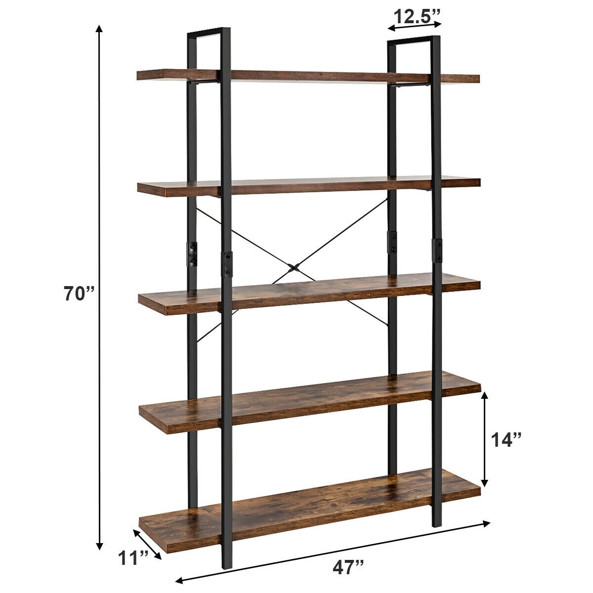 3/5 Tiers Industrial Bookcase with Metal Frame for Home Office-5-Tier, Brown Bookcases   at Gallery Canada