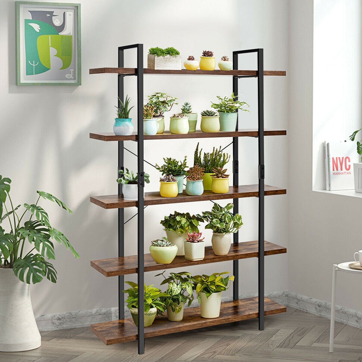 3/5 Tiers Industrial Bookcase with Metal Frame for Home Office-5-Tier, Brown Bookcases   at Gallery Canada