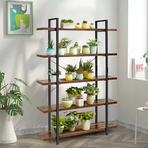 3/5 Tiers Industrial Bookcase with Metal Frame for Home Office-5-Tier, Brown