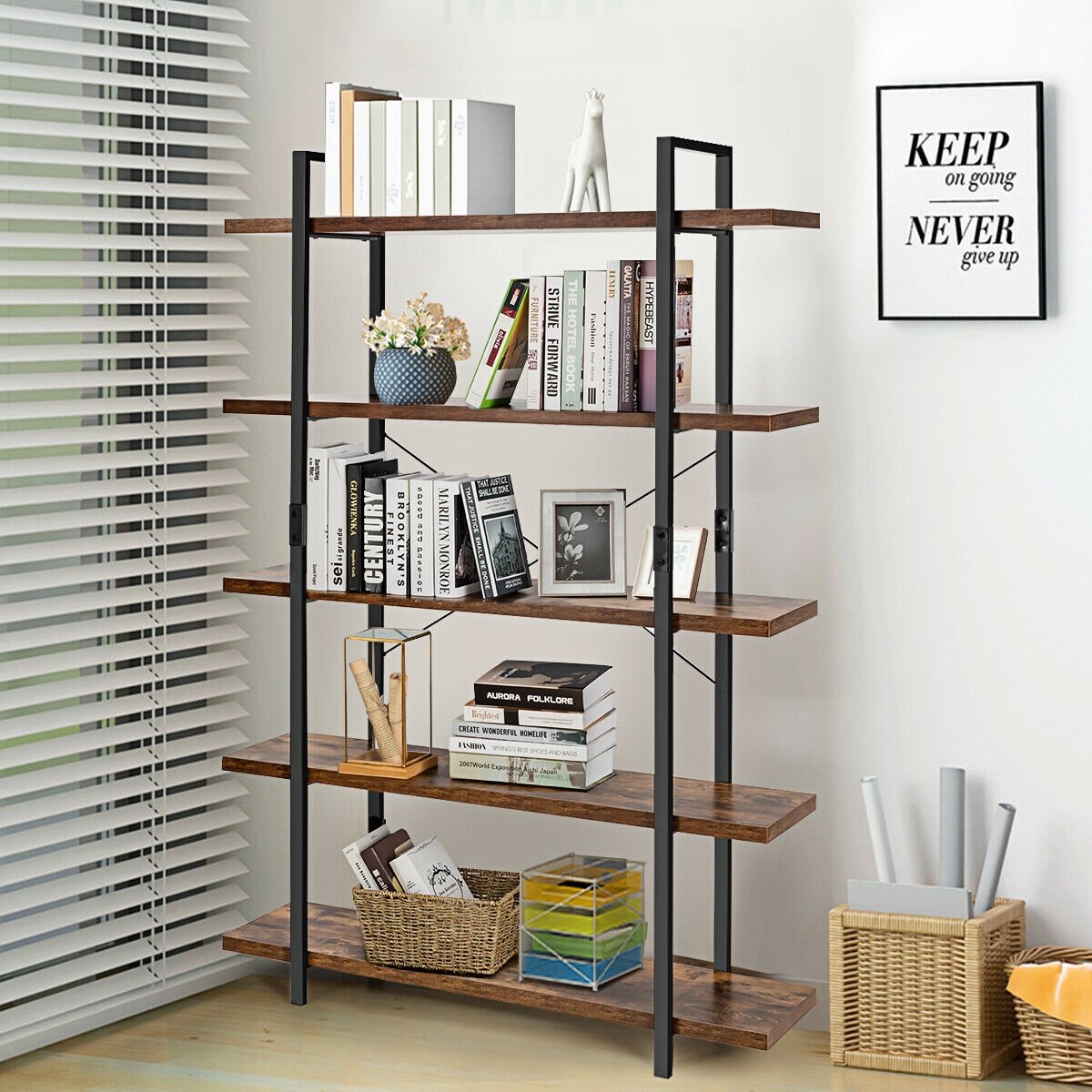 3/5 Tiers Industrial Bookcase with Metal Frame for Home Office-5-Tier, Brown Bookcases   at Gallery Canada