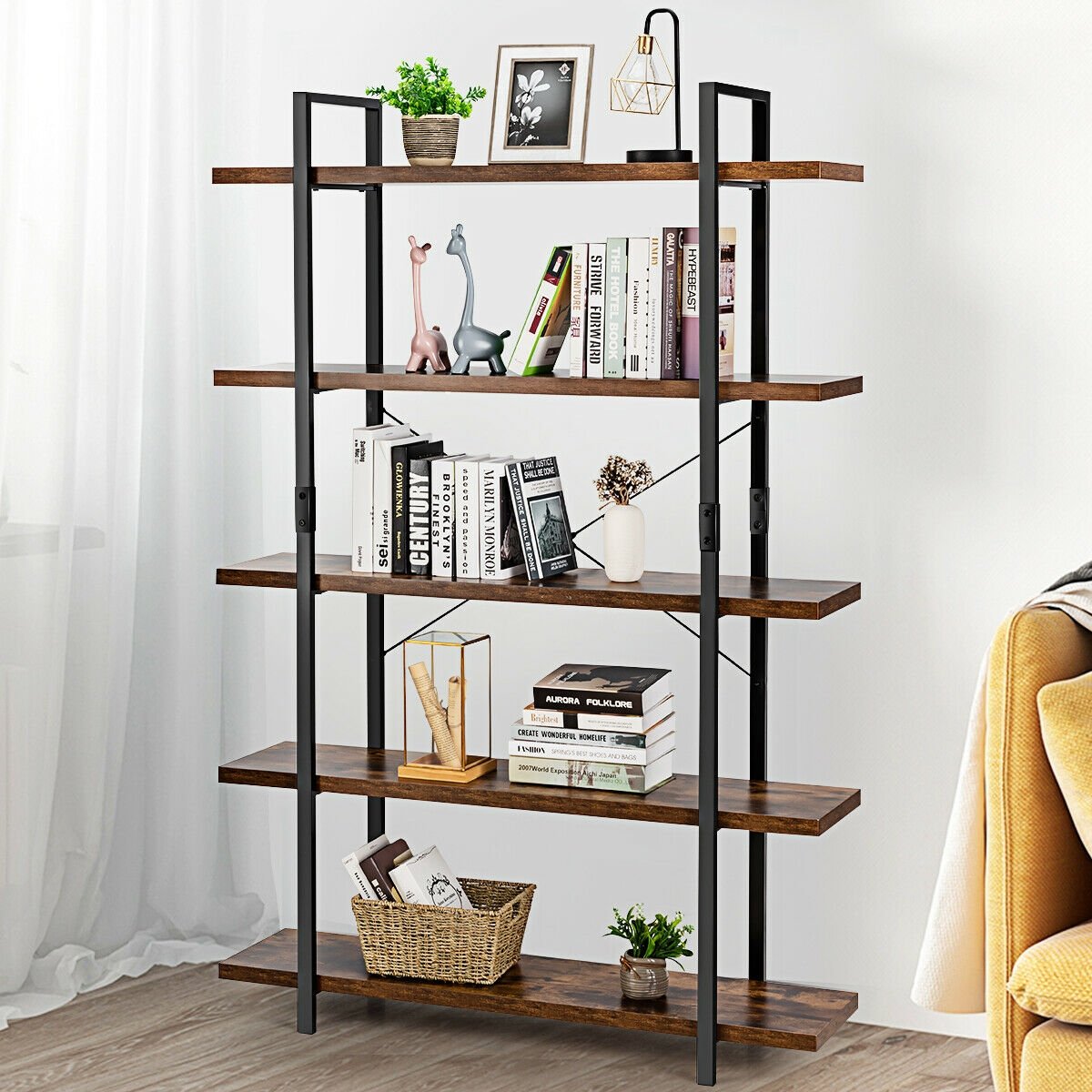 3/5 Tiers Industrial Bookcase with Metal Frame for Home Office-5-Tier, Brown Bookcases   at Gallery Canada