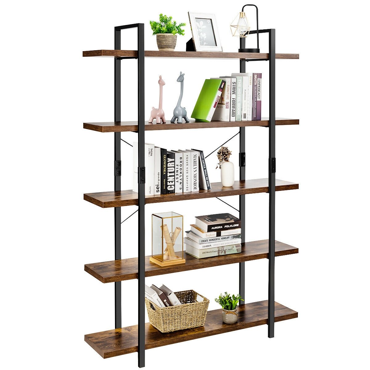 3/5 Tiers Industrial Bookcase with Metal Frame for Home Office-5-Tier, Brown Bookcases   at Gallery Canada