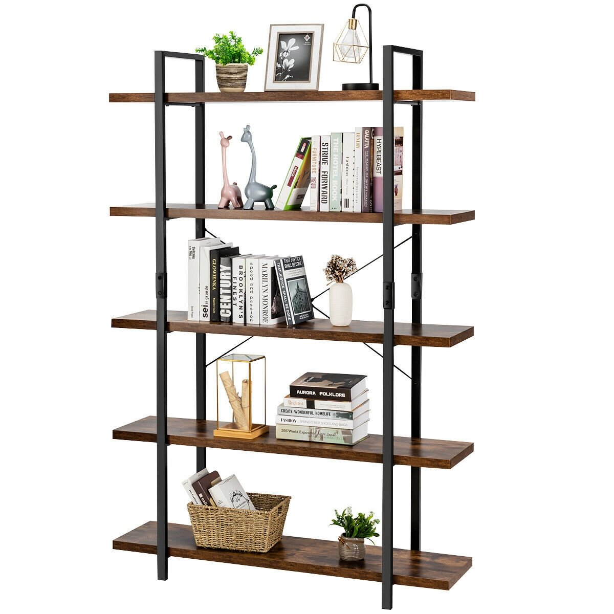 3/5 Tiers Industrial Bookcase with Metal Frame for Home Office-5-Tier, Brown Bookcases   at Gallery Canada