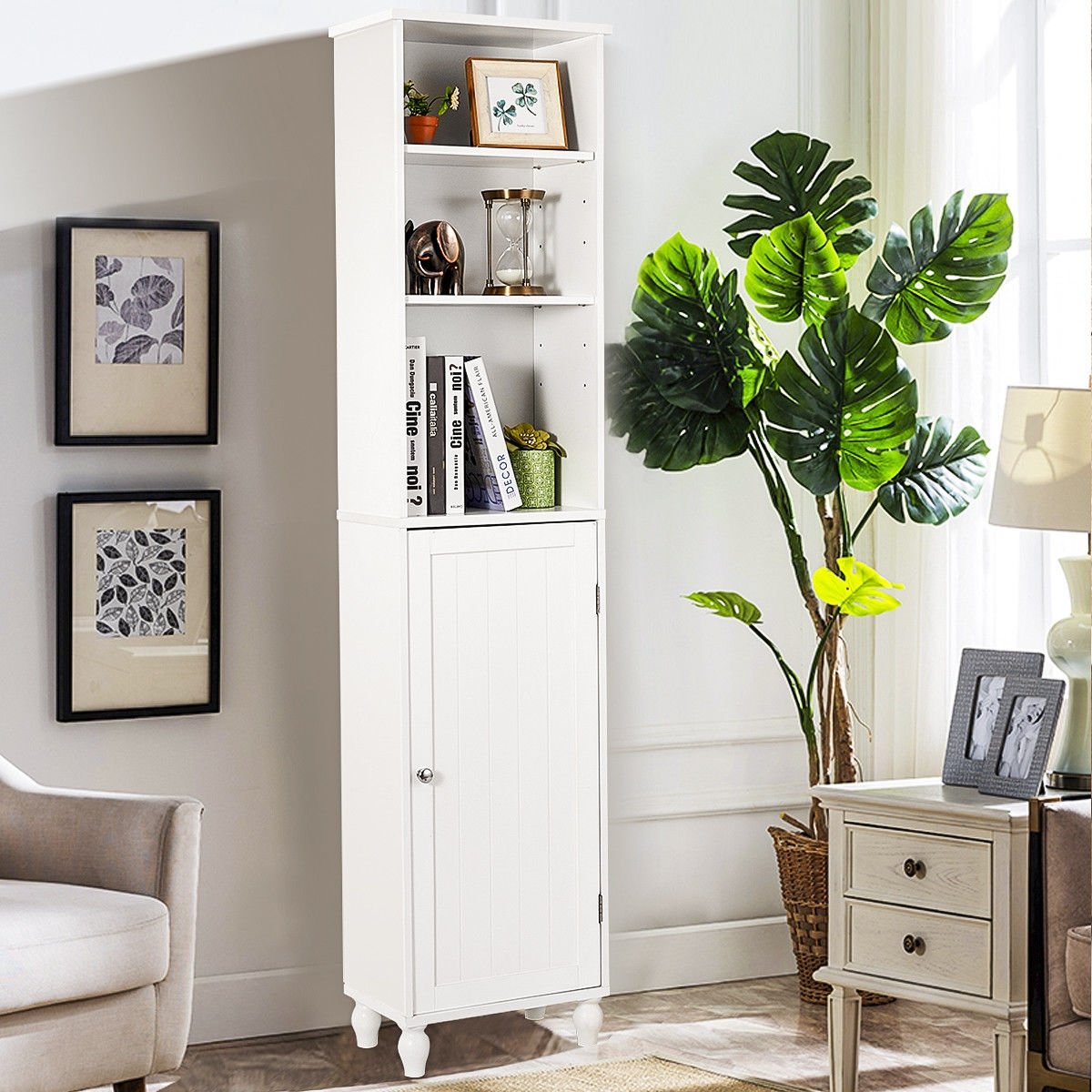 Bathroom Tower Storage Shelving Display Cabinet, White Floor Cabinets   at Gallery Canada