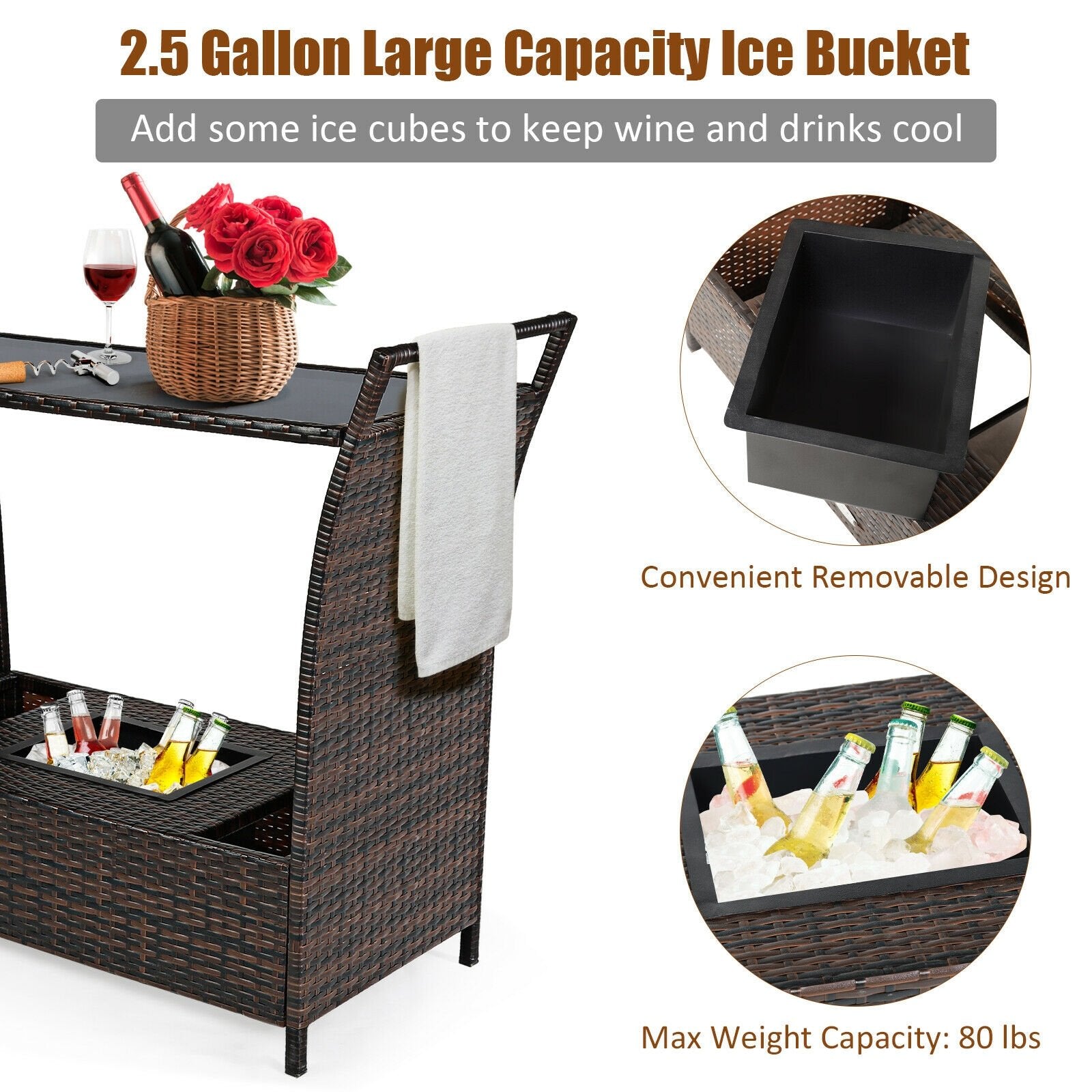 Patio Rattan Bar Serving Cart with Glass Top and Handle, Brown Patio Bar Furniture   at Gallery Canada