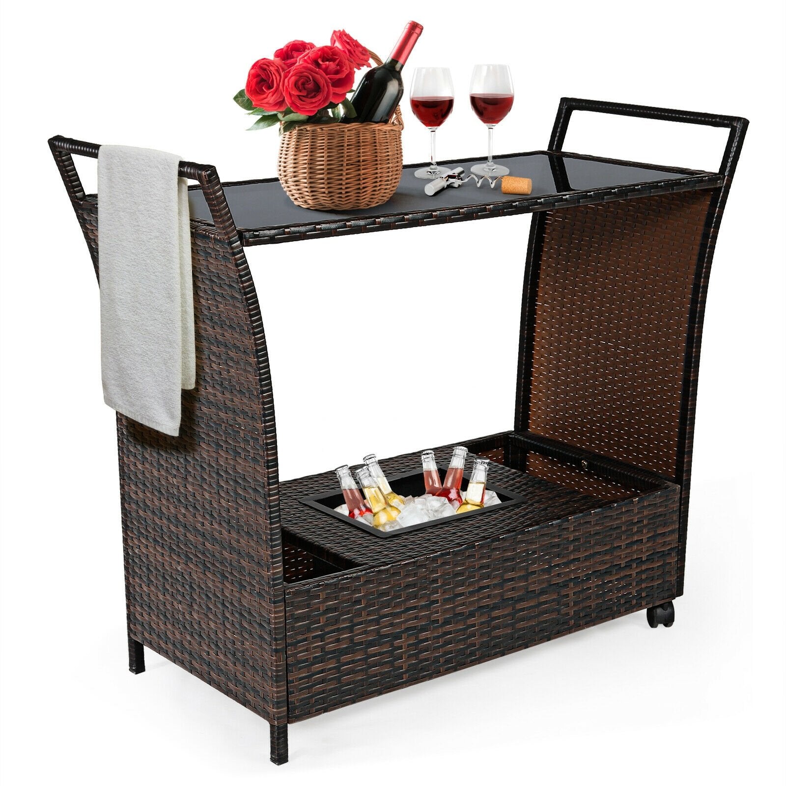 Patio Rattan Bar Serving Cart with Glass Top and Handle, Brown Patio Bar Furniture   at Gallery Canada