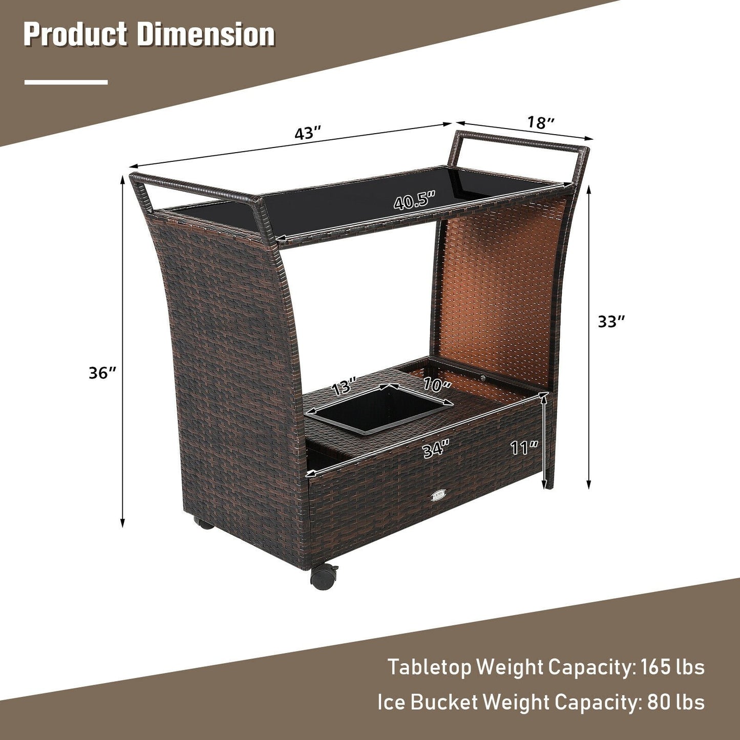 Patio Rattan Bar Serving Cart with Glass Top and Handle, Brown Patio Bar Furniture   at Gallery Canada