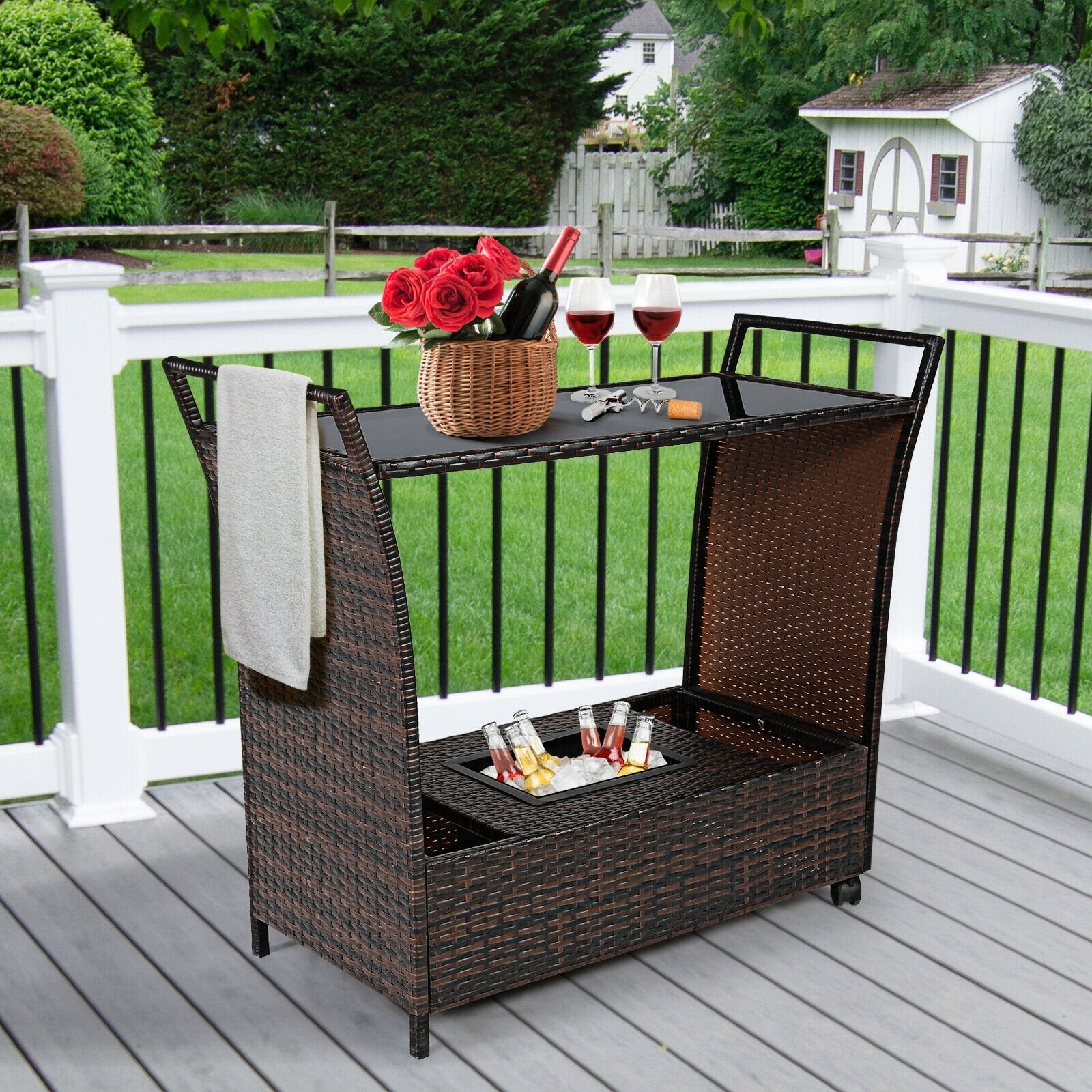 Patio Rattan Bar Serving Cart with Glass Top and Handle, Brown Patio Bar Furniture   at Gallery Canada