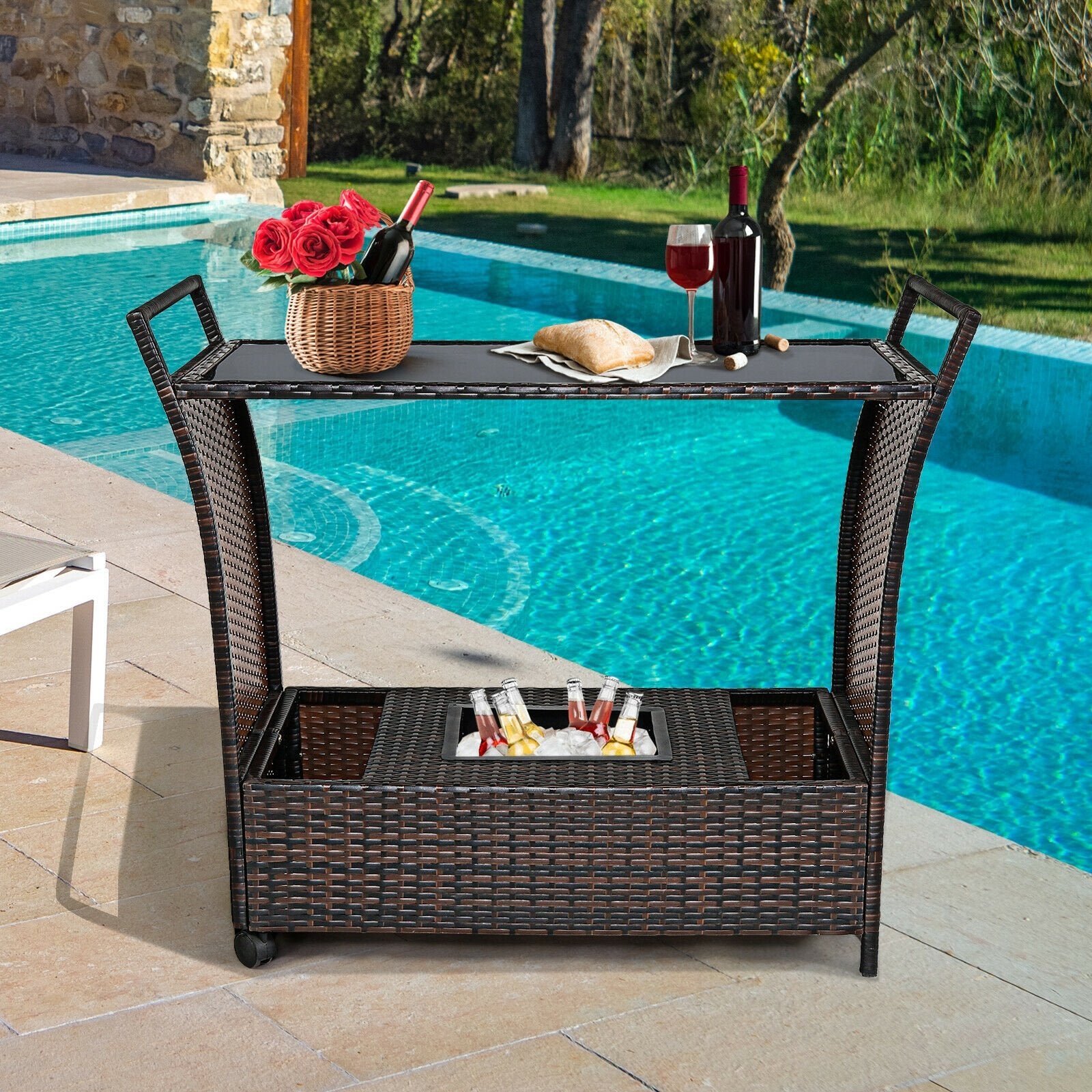 Patio Rattan Bar Serving Cart with Glass Top and Handle, Brown Patio Bar Furniture   at Gallery Canada