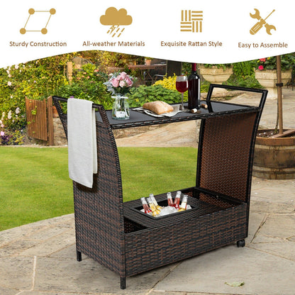 Patio Rattan Bar Serving Cart with Glass Top and Handle, Brown Patio Bar Furniture   at Gallery Canada