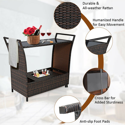 Patio Rattan Bar Serving Cart with Glass Top and Handle, Brown Patio Bar Furniture   at Gallery Canada