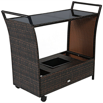 Patio Rattan Bar Serving Cart with Glass Top and Handle, Brown Patio Bar Furniture   at Gallery Canada