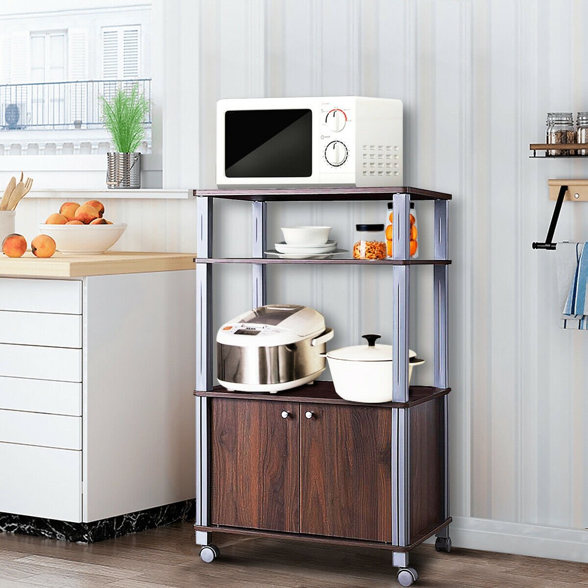 Microwave Rack Stand Rolling Storage Cart, Walnut Baker's Racks   at Gallery Canada