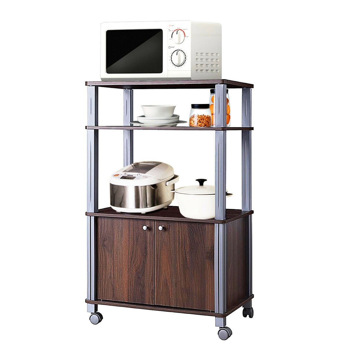 Microwave Rack Stand Rolling Storage Cart, Walnut Baker's Racks   at Gallery Canada