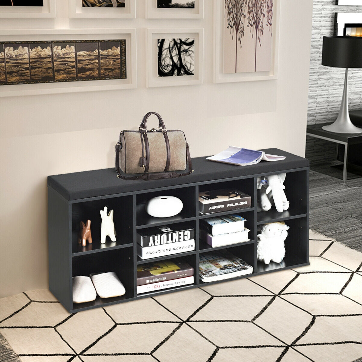 10-Cube Organizer Entryway Padded Shoe Storage Bench, Black Shoe Racks & Storage Benches at Gallery Canada