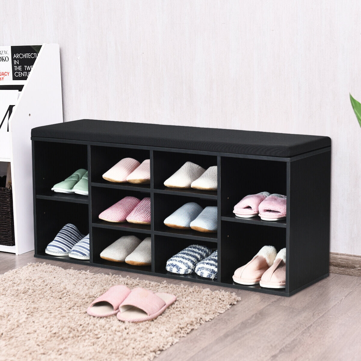 10-Cube Organizer Entryway Padded Shoe Storage Bench, Black Shoe Racks & Storage Benches at Gallery Canada