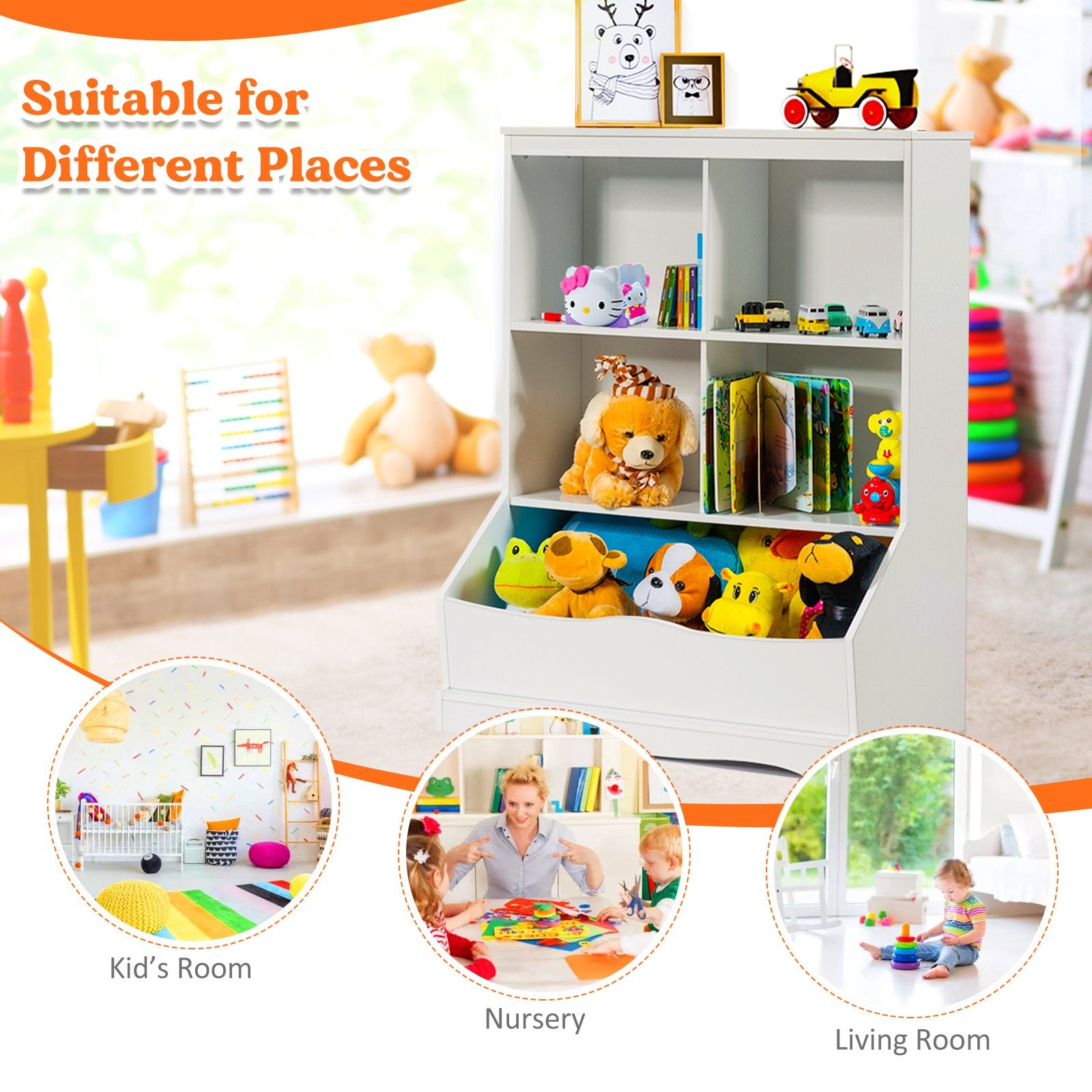 3-Tier Children's Multi-Functional Bookcase Toy Storage Bin Floor Cabinet, White Kids Storage   at Gallery Canada