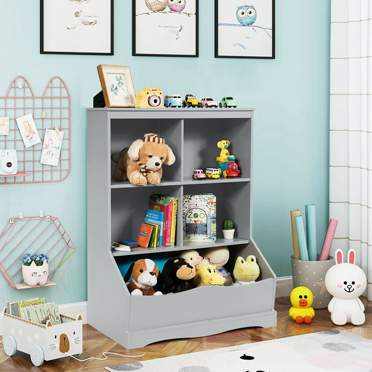 3-Tier Children's Multi-Functional Bookcase Toy Storage Bin Floor Cabinet, Gray Kids Storage   at Gallery Canada