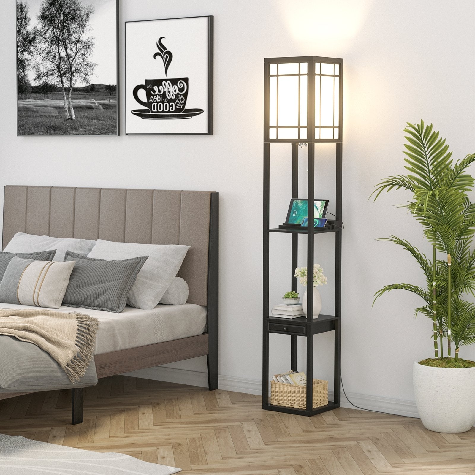 Modern Floor Lamp with Shelves and Drawer, Black Table & Floor Lamps   at Gallery Canada