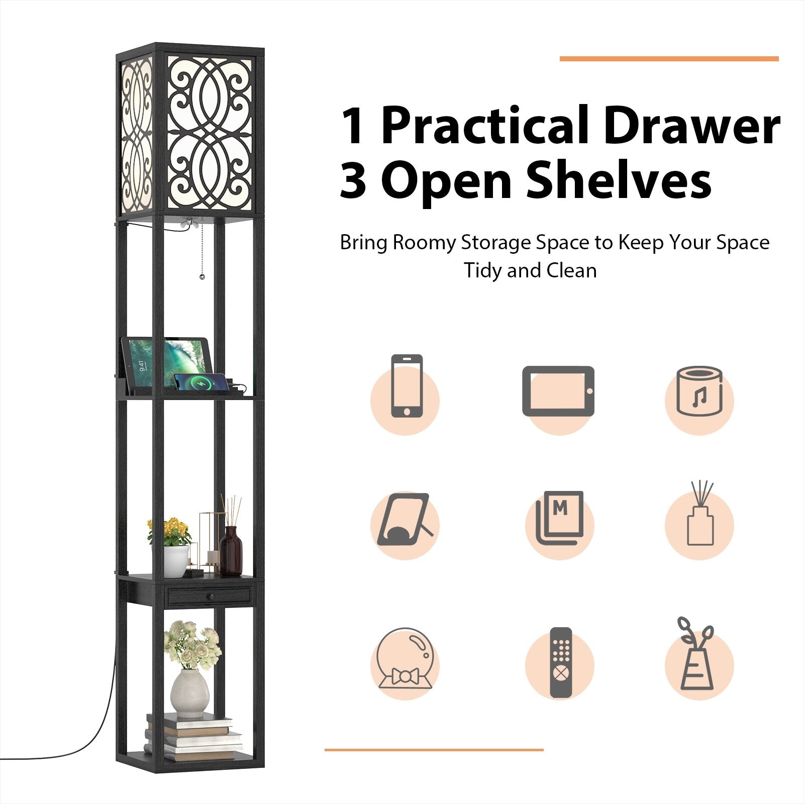 Modern  Standing Shelf Lamp with 1 Power Outlet and 2 USB Ports, Black Table & Floor Lamps   at Gallery Canada