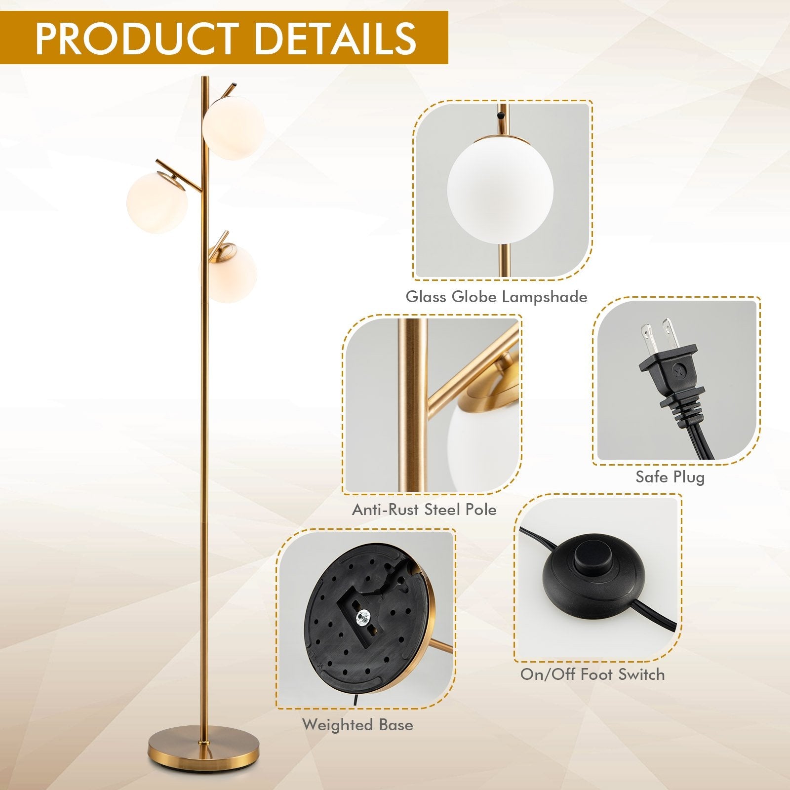 3-Globe Floor Lamp with Foot Switch and Bulb Bases, Golden Table & Floor Lamps   at Gallery Canada