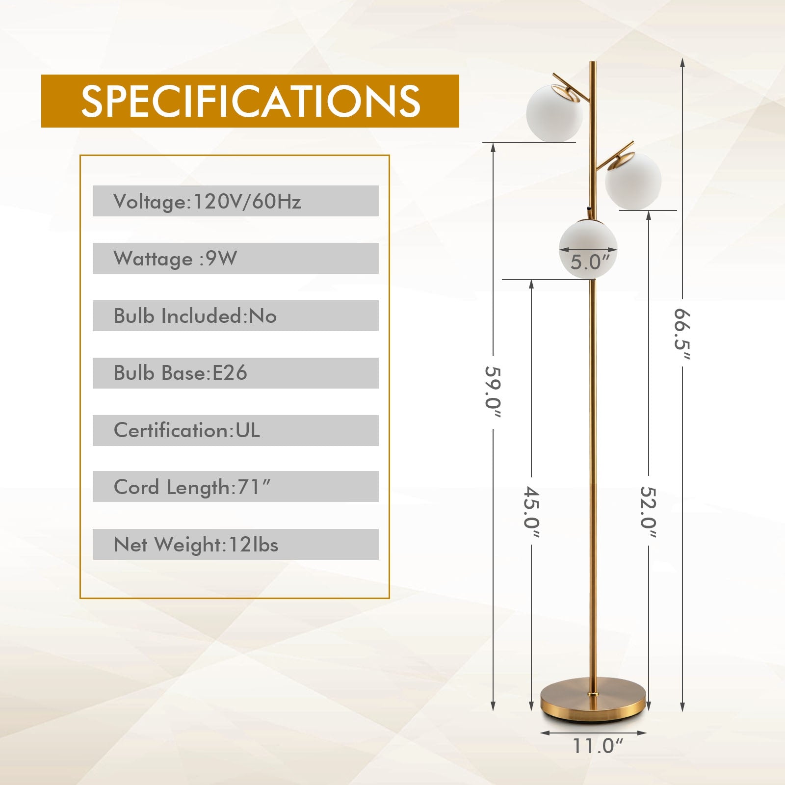 3-Globe Floor Lamp with Foot Switch and Bulb Bases, Golden Table & Floor Lamps at Gallery Canada