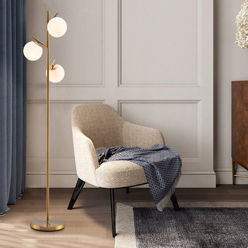 3-Globe Floor Lamp with Foot Switch and Bulb Bases, Golden