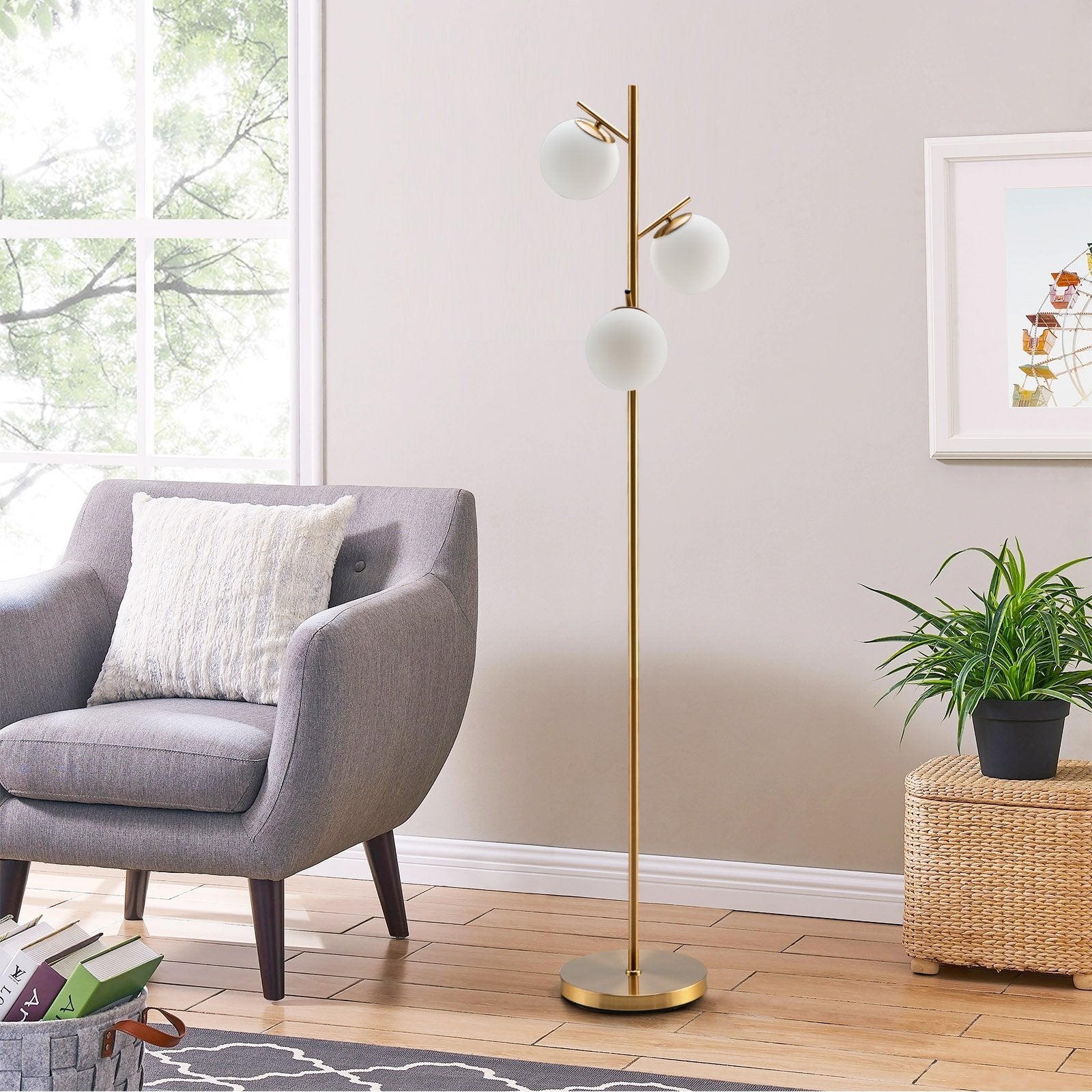 3-Globe Floor Lamp with Foot Switch and Bulb Bases, Golden Table & Floor Lamps   at Gallery Canada