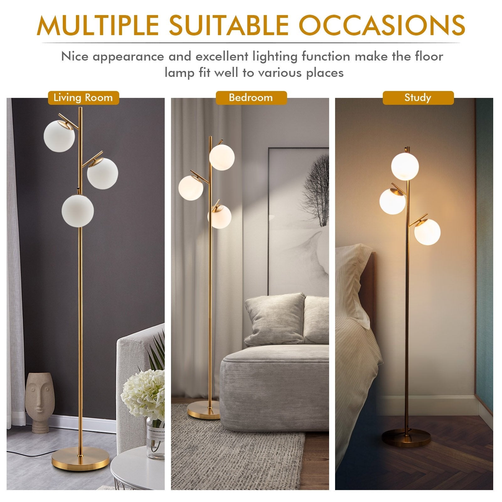 3-Globe Floor Lamp with Foot Switch and Bulb Bases, Golden Table & Floor Lamps   at Gallery Canada