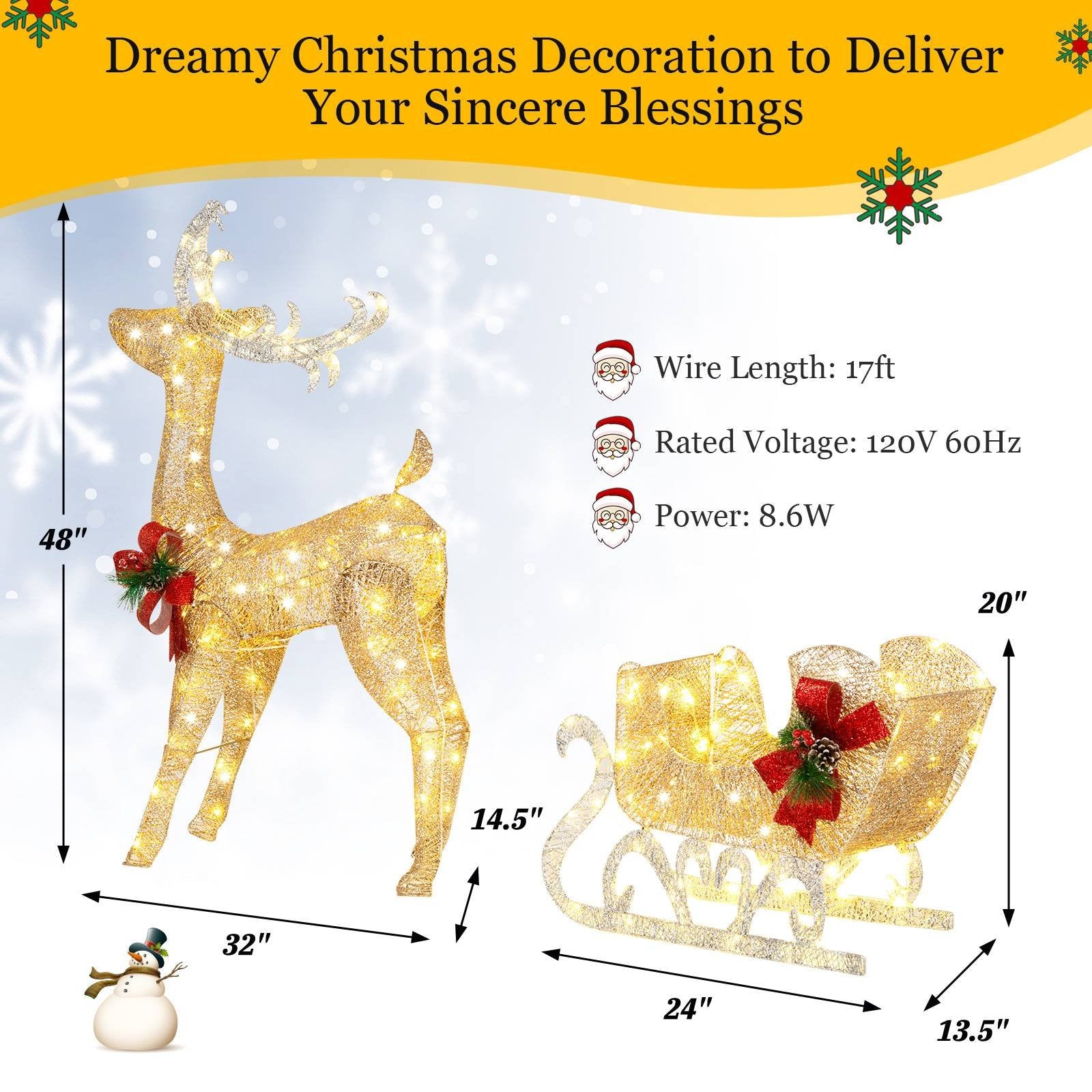 Christmas Reindeer Sleigh Decoration with 100 Lights, Golden Christmas Decor & Accessories   at Gallery Canada