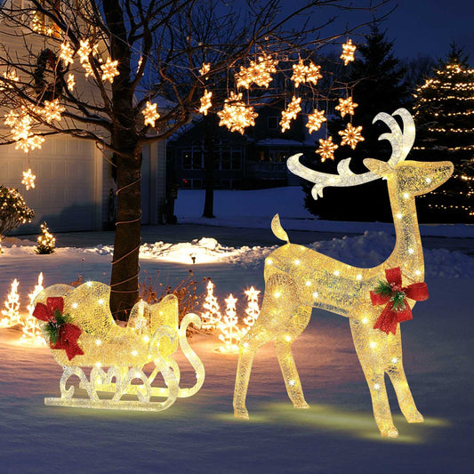 Christmas Reindeer Sleigh Decoration with 100 Lights, Golden - Gallery Canada