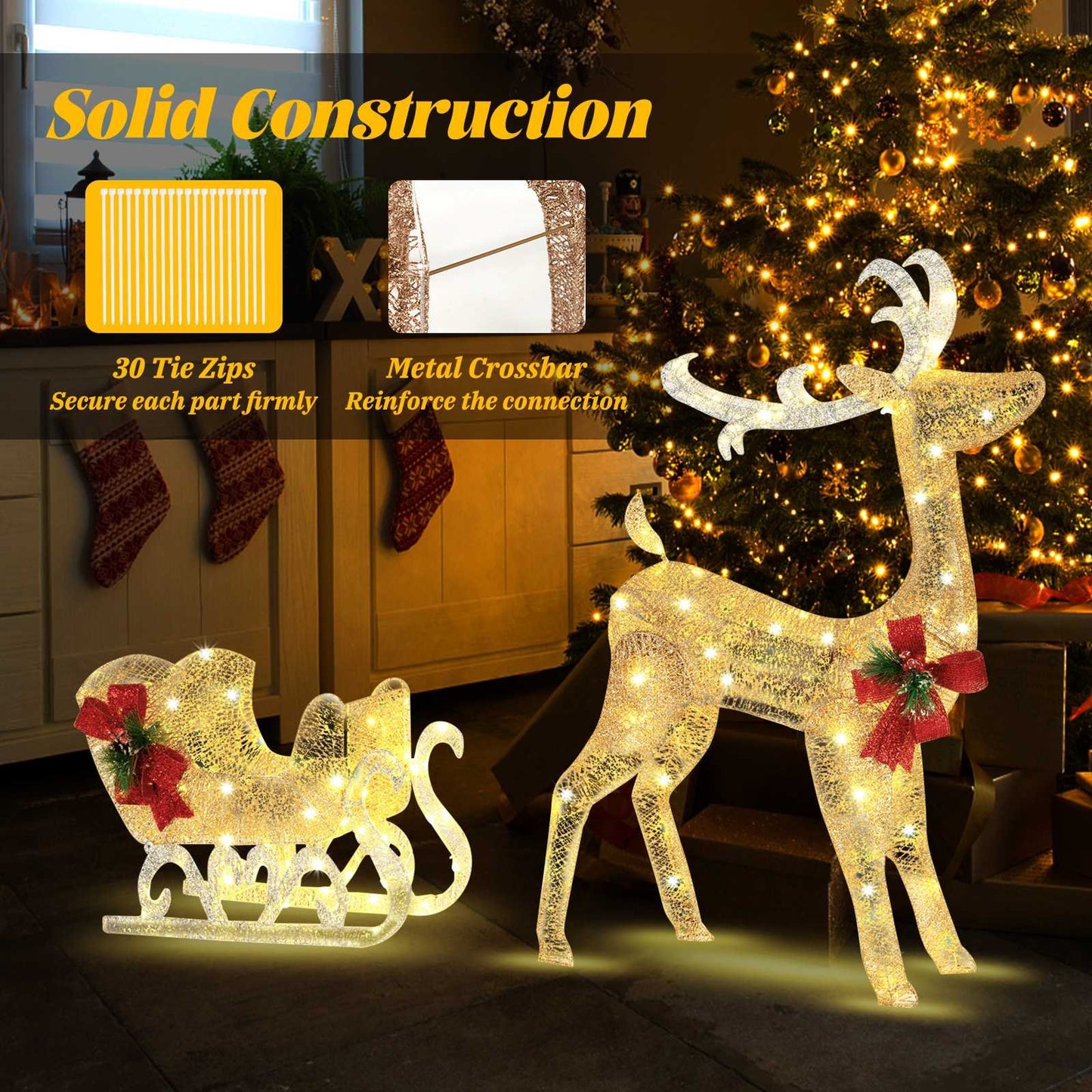 Christmas Reindeer Sleigh Decoration with 100 Lights, Golden Christmas Decor & Accessories   at Gallery Canada