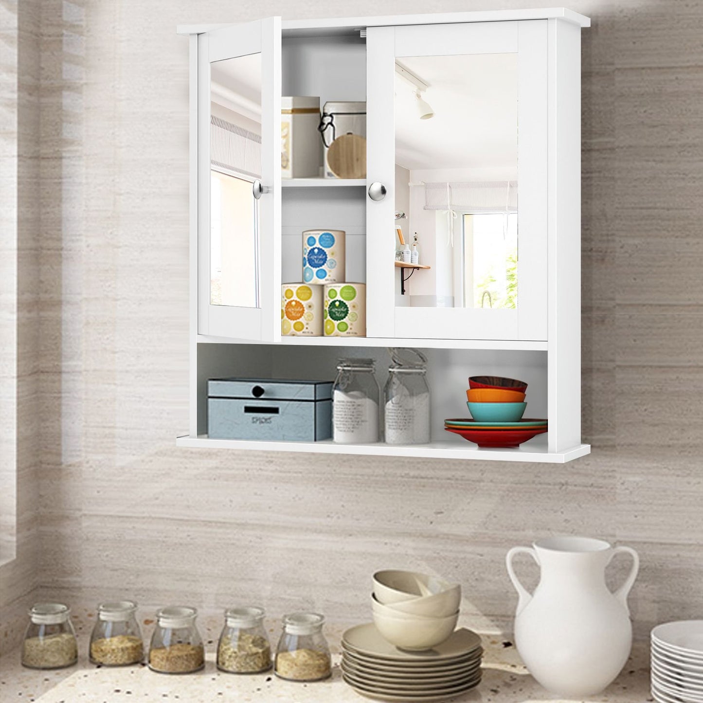 Bathroom Wall Cabinet with Double Mirror Doors, White Wall Cabinets   at Gallery Canada