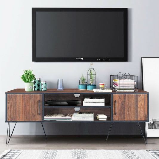 Retro Modern TV Stand with 6 Metal Legs for TVs up to 65 Inch with 2 Cable Holes, Walnut - Gallery Canada