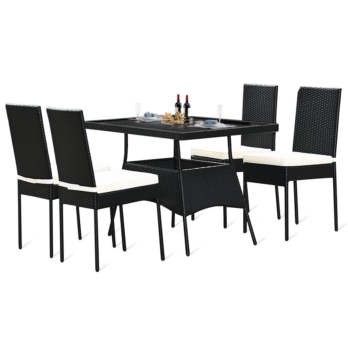 5 Pieces Outdaoor Patio Rattan Dining Set with Glass Top with Cushions, Black Patio Dining Sets   at Gallery Canada