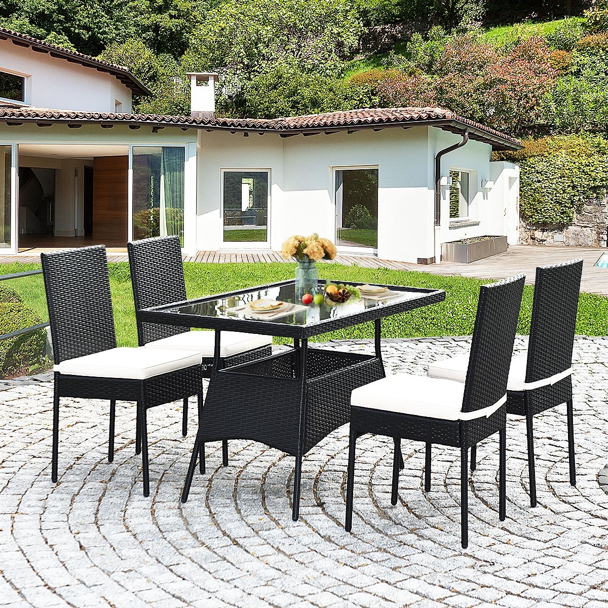 5 Pieces Outdaoor Patio Rattan Dining Set with Glass Top with Cushions, Black Patio Dining Sets   at Gallery Canada