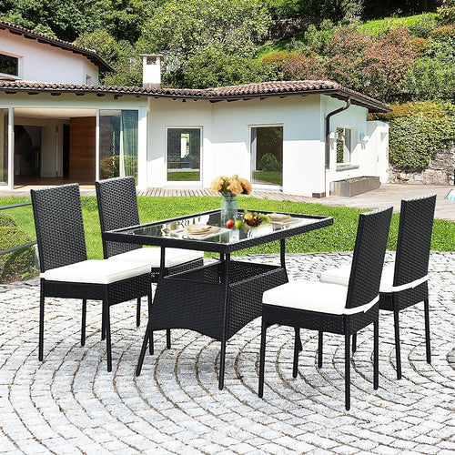 5 Pieces Outdaoor Patio Rattan Dining Set with Glass Top with Cushions, Black