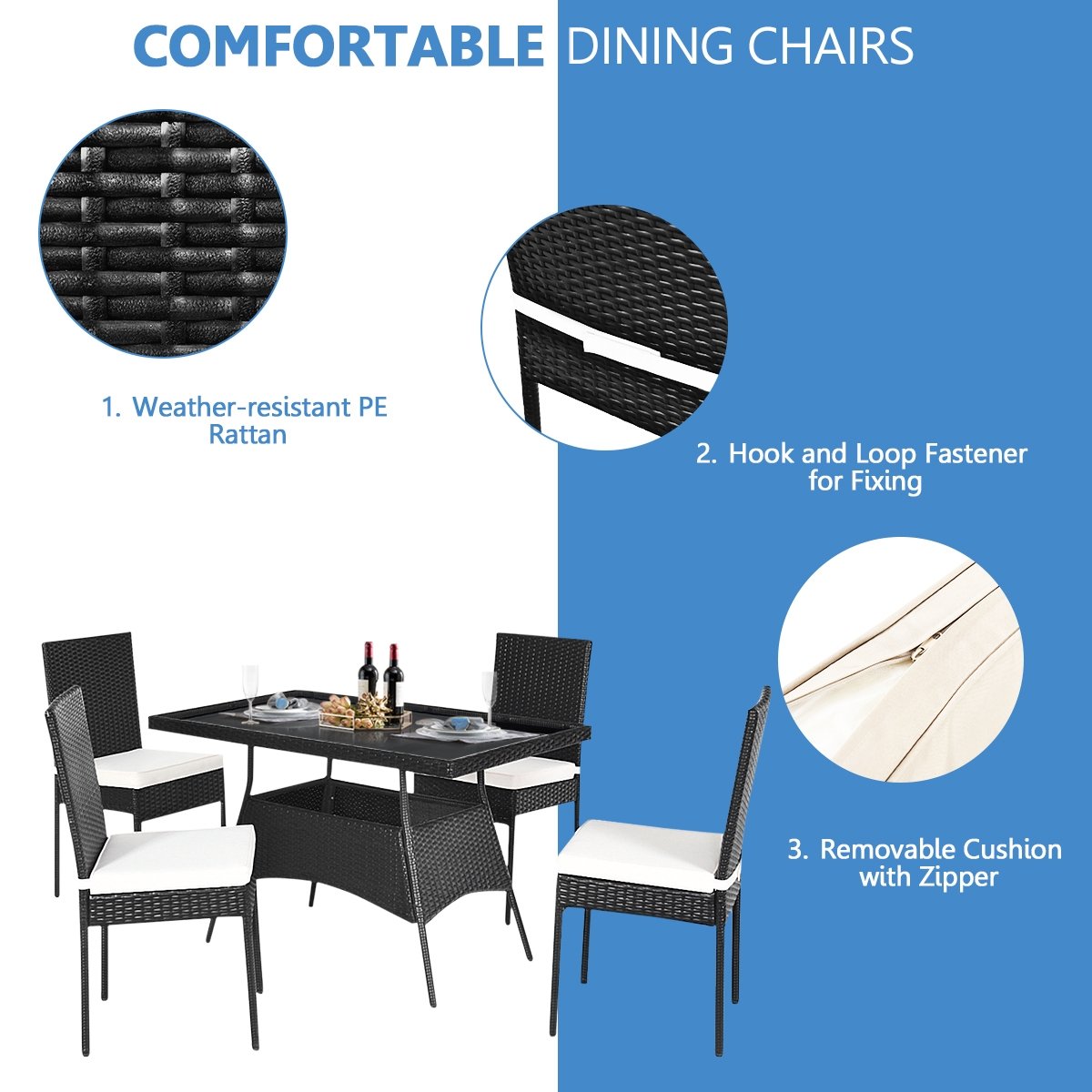 5 Pieces Outdaoor Patio Rattan Dining Set with Glass Top with Cushions, Black - Gallery Canada