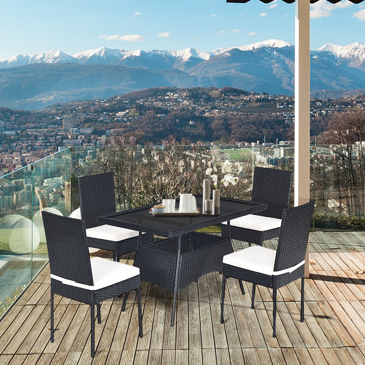 5 Pieces Outdaoor Patio Rattan Dining Set with Glass Top with Cushions, Black Patio Dining Sets   at Gallery Canada