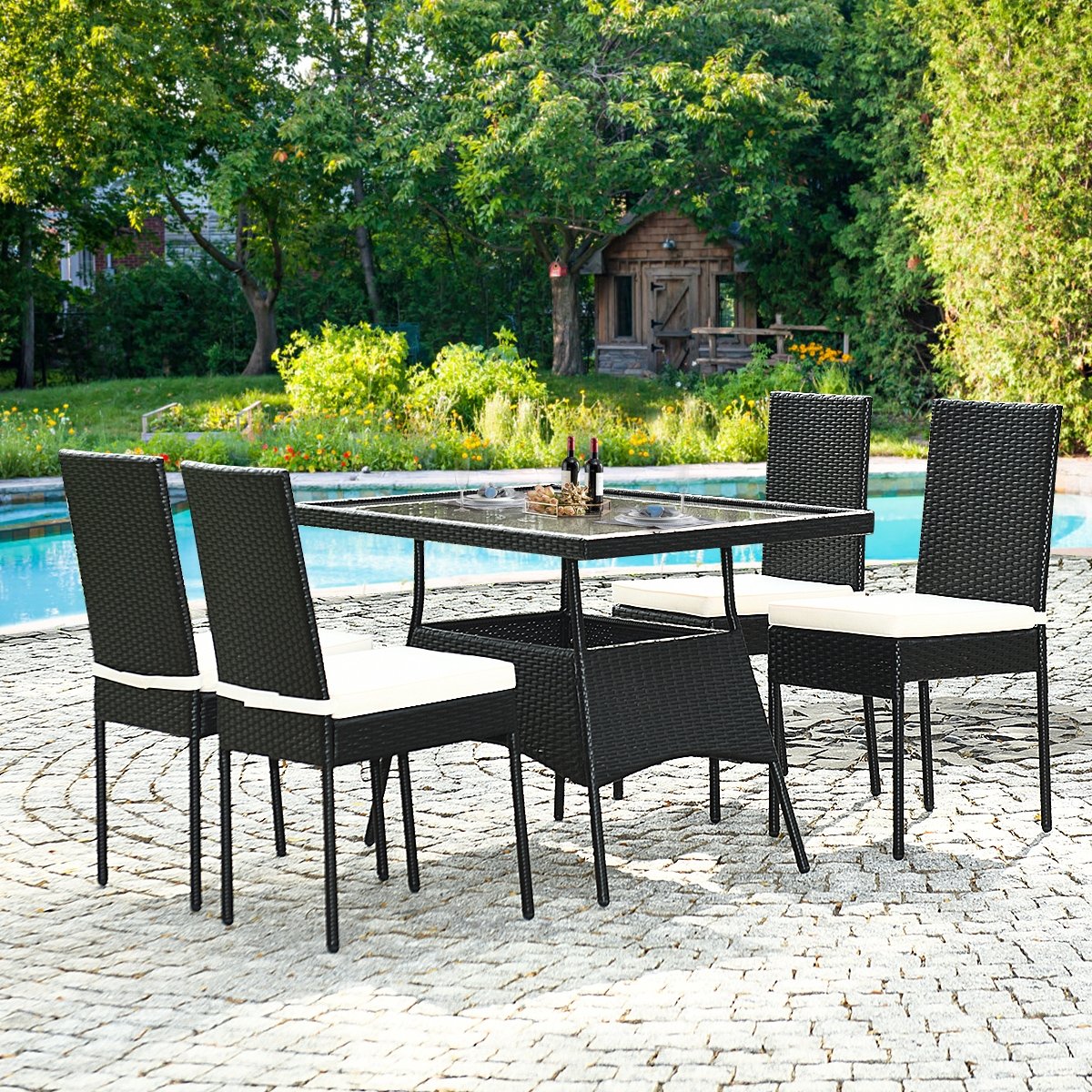 5 Pieces Outdaoor Patio Rattan Dining Set with Glass Top with Cushions, Black Patio Dining Sets   at Gallery Canada