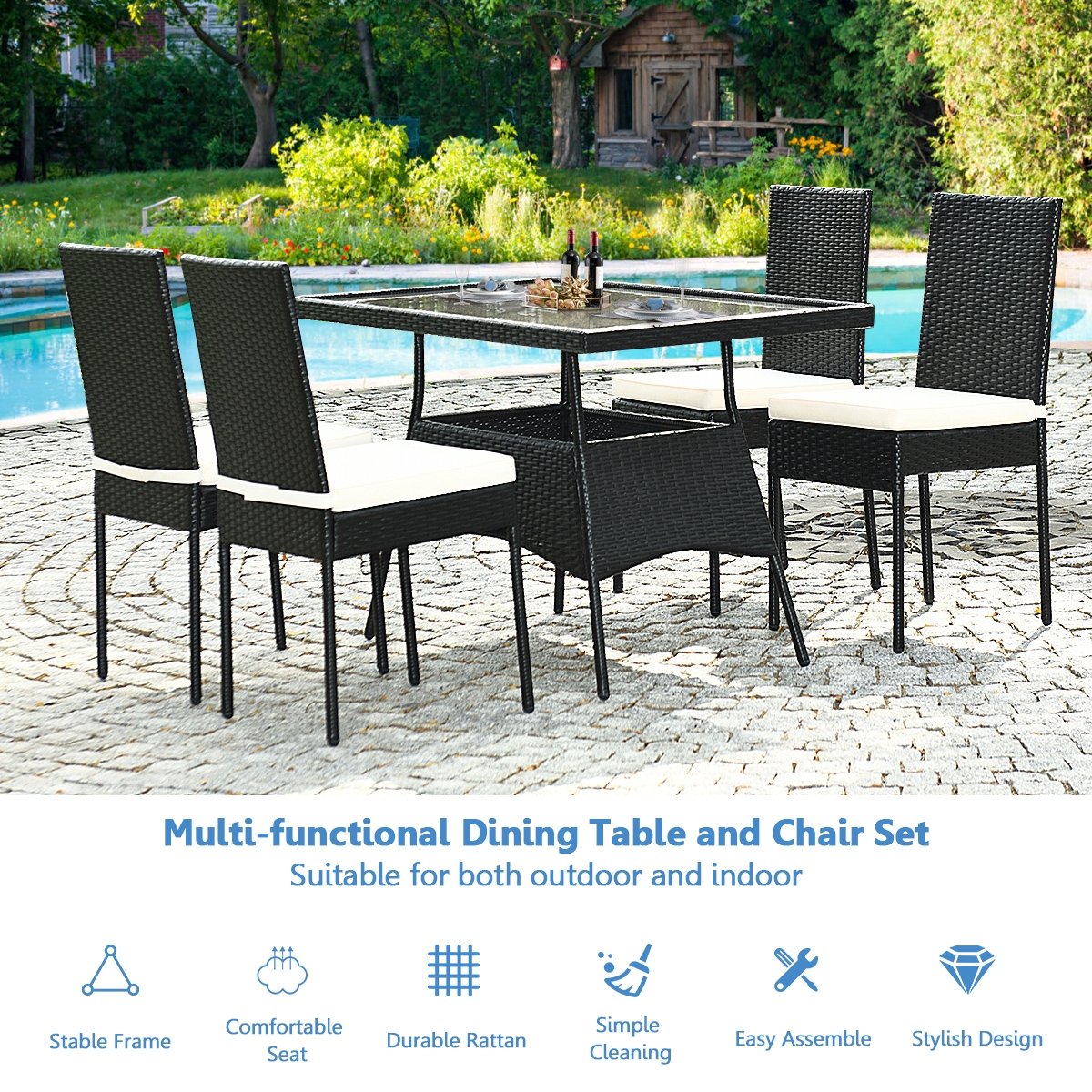 5 Pieces Outdaoor Patio Rattan Dining Set with Glass Top with Cushions, Black Patio Dining Sets   at Gallery Canada