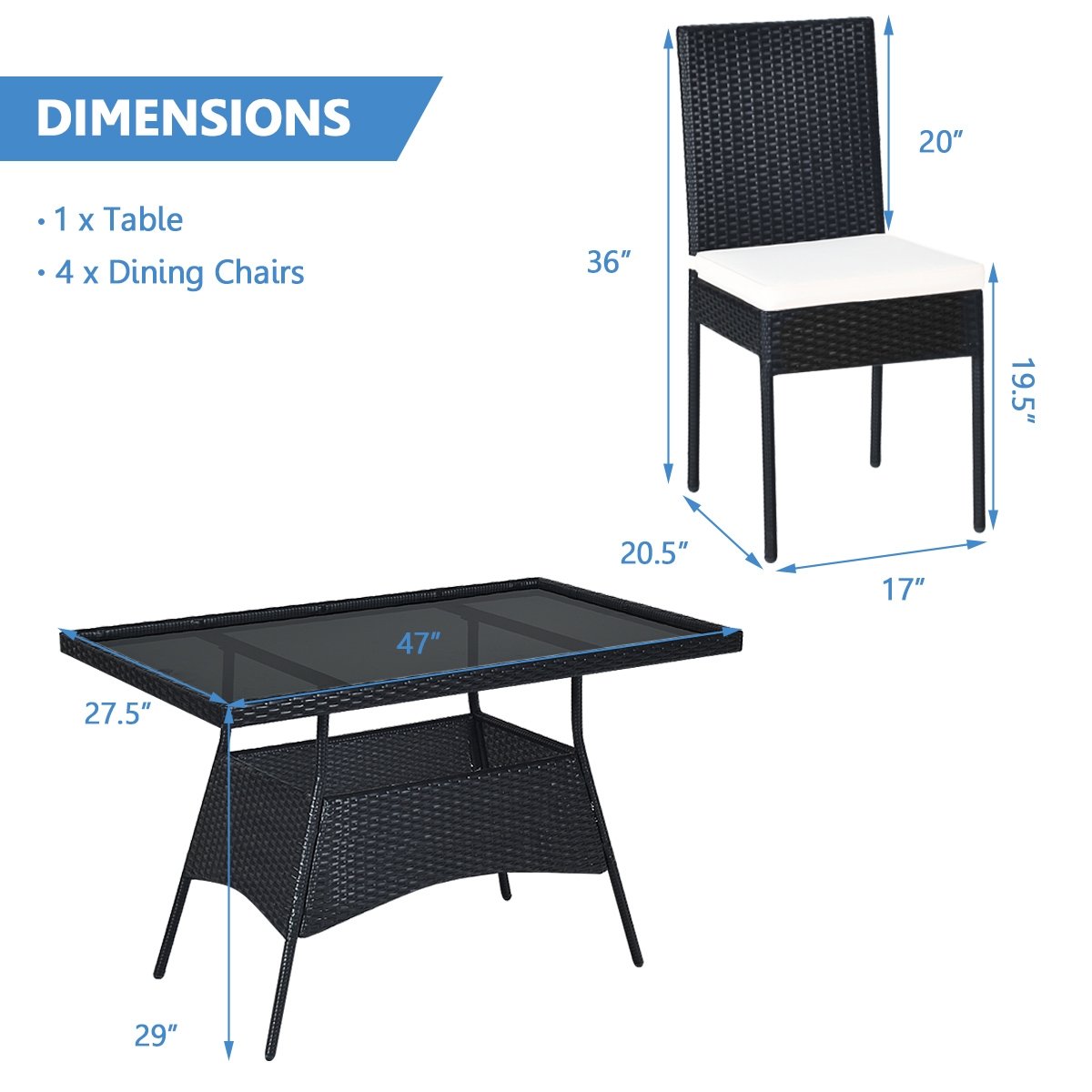 5 Pieces Outdaoor Patio Rattan Dining Set with Glass Top with Cushions, Black Patio Dining Sets   at Gallery Canada