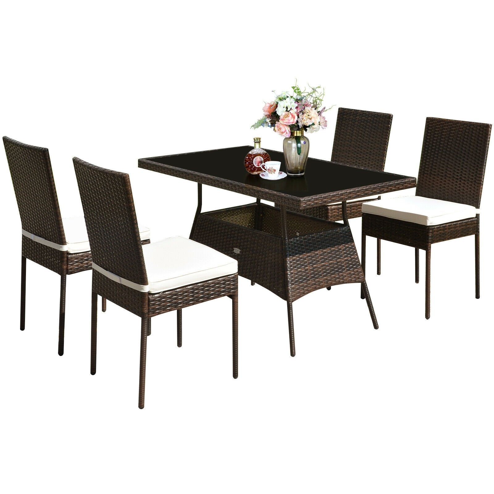 5 Pcs Rattan Dining Set Glass Table High Back Chair, Brown - Gallery Canada