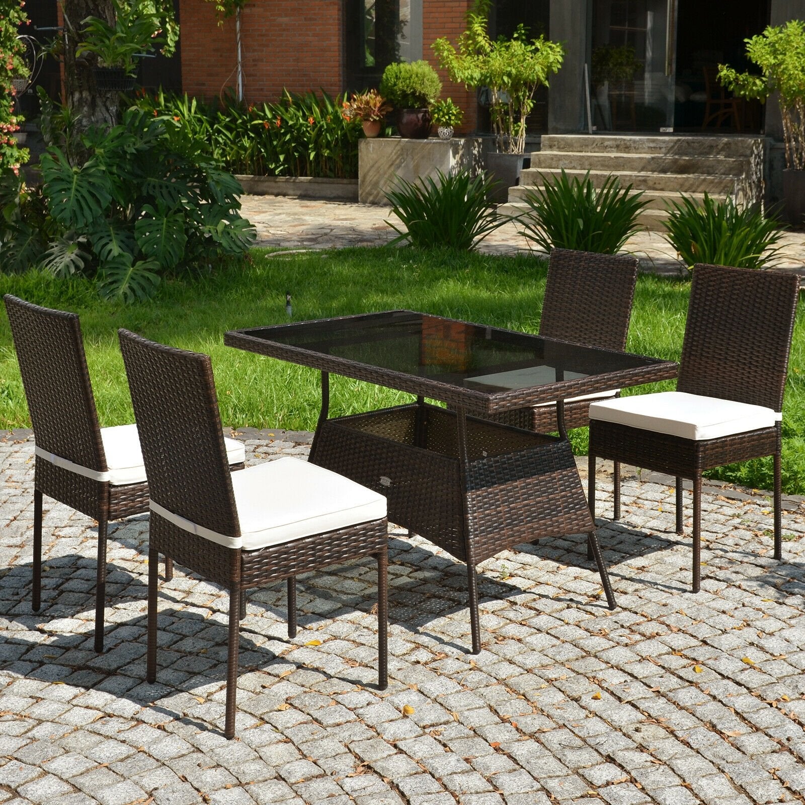 5 Pcs Rattan Dining Set Glass Table High Back Chair, Brown Patio Dining Sets   at Gallery Canada