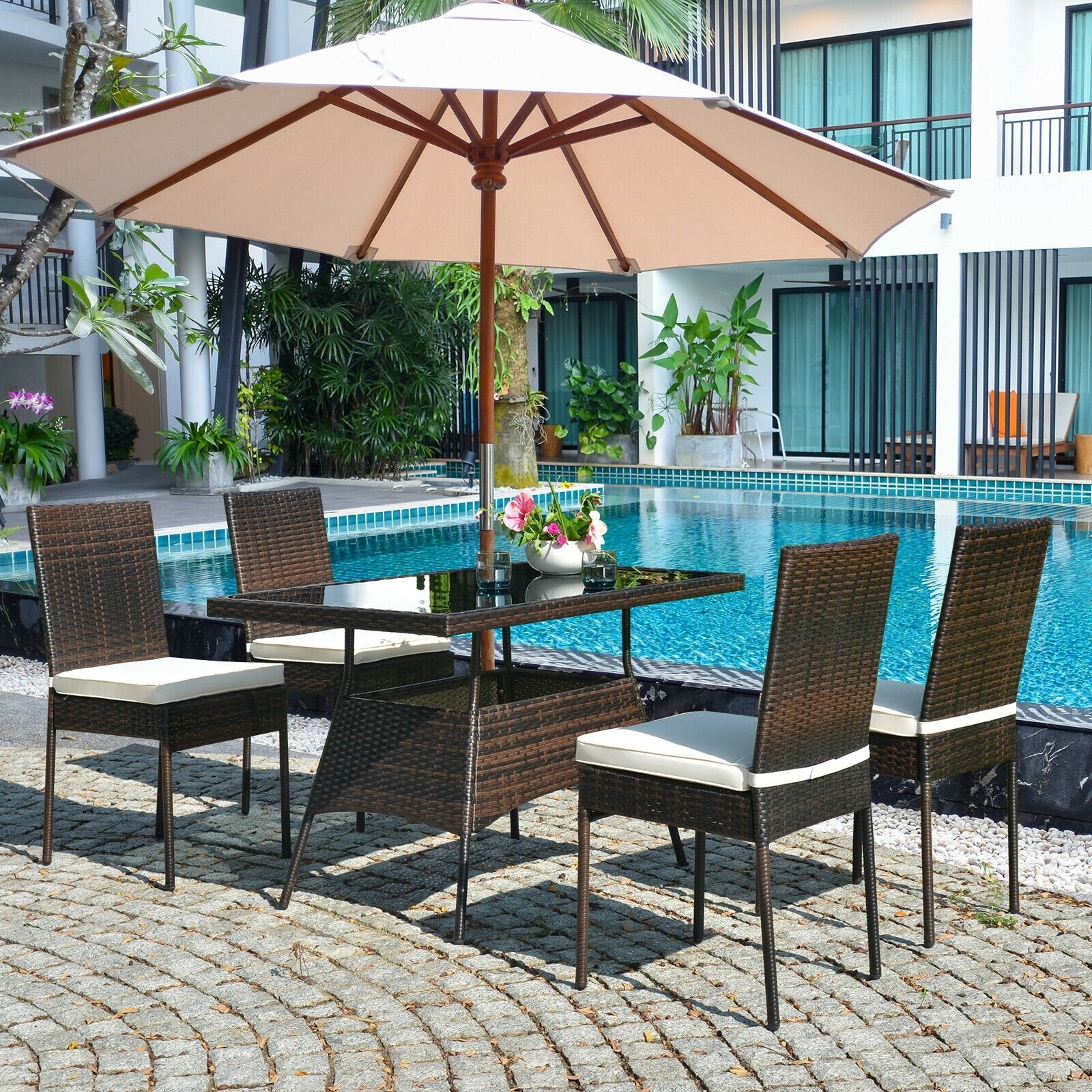 5 Pcs Rattan Dining Set Glass Table High Back Chair, Brown - Gallery Canada