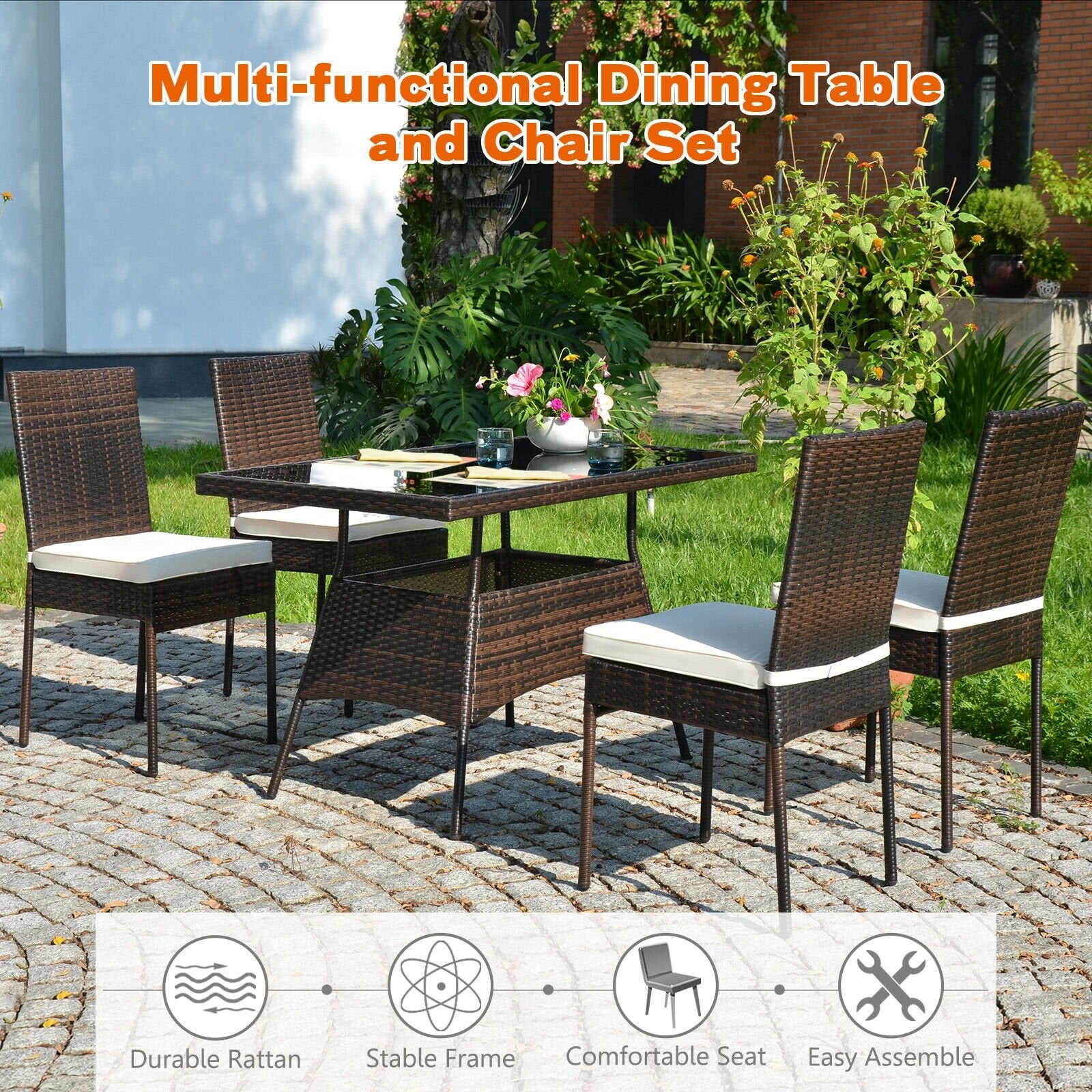 5 Pcs Rattan Dining Set Glass Table High Back Chair, Brown Patio Dining Sets   at Gallery Canada