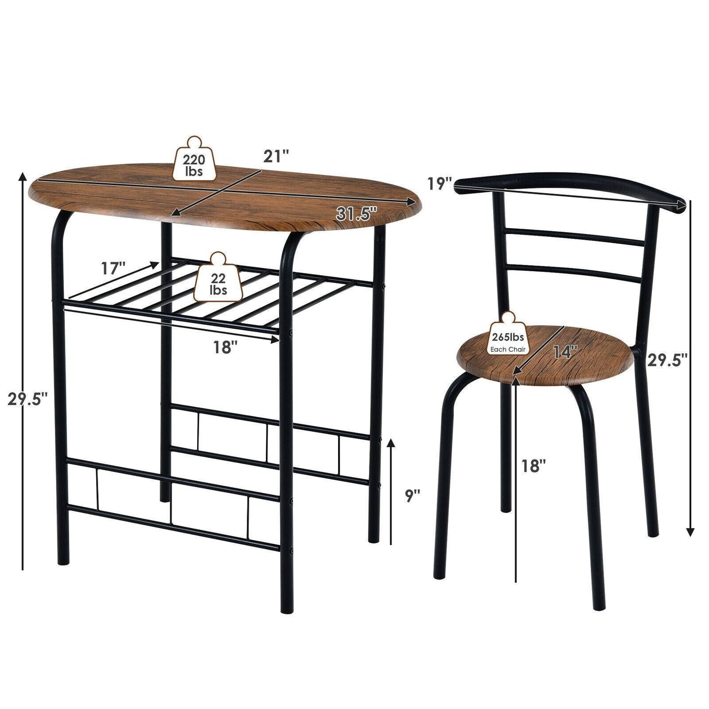 3-Piece Space-Saving Bistro Set for Kitchen and Apartment, Brown - Gallery Canada