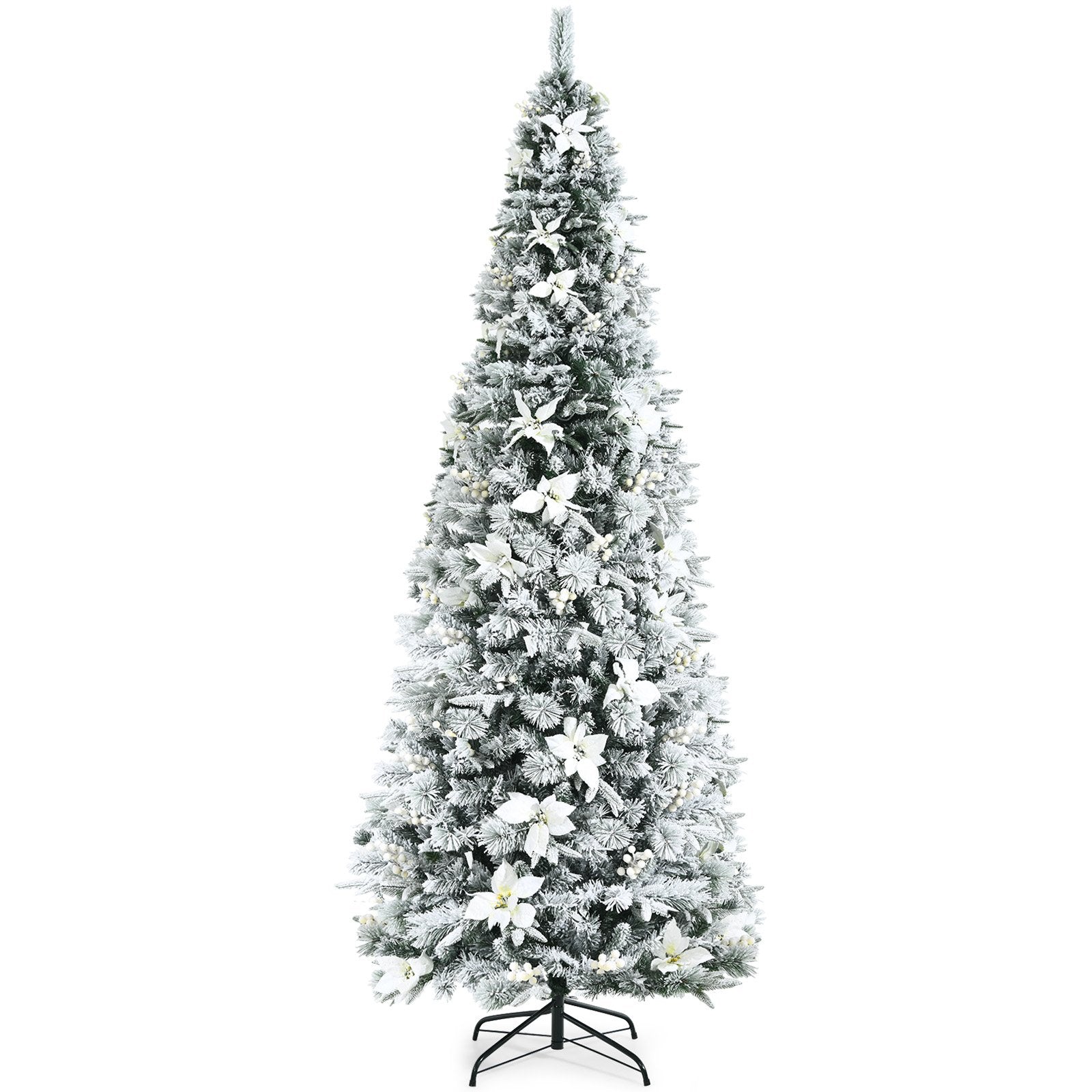 Snow Flocked Christmas Pencil Tree with Berries and Poinsettia Flowers- 8 ft, White Christmas Tree   at Gallery Canada