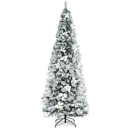 Snow Flocked Christmas Pencil Tree with Berries and Poinsettia Flowers- 8 ft, White Christmas Tree   at Gallery Canada